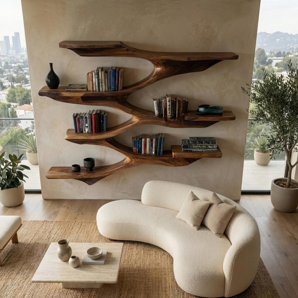 Mid Century Wooden Wall Floating Shelf, Handcrafted Solid Wood Storage Shelf for Living Room