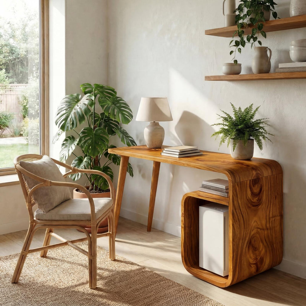 Japandi Writing Desk, Solid Wood Minimalist Computer Desk for Home Office & Bedroom