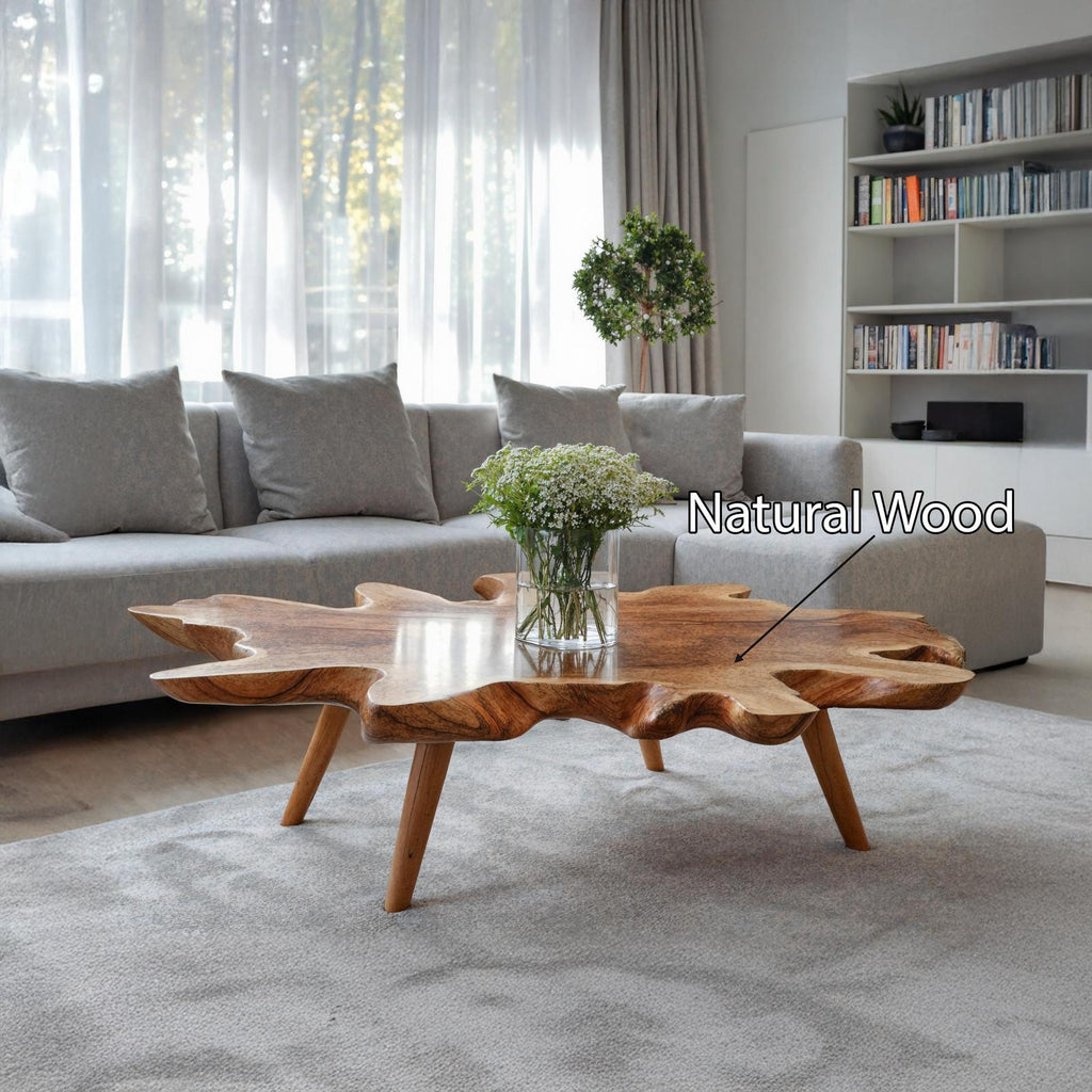 Spry Interior Handcrafted Solid Wood Low Coffee Table, Rustic Live Edge Center Table for Wooden Living Room Decor, SILDTTNCF026
