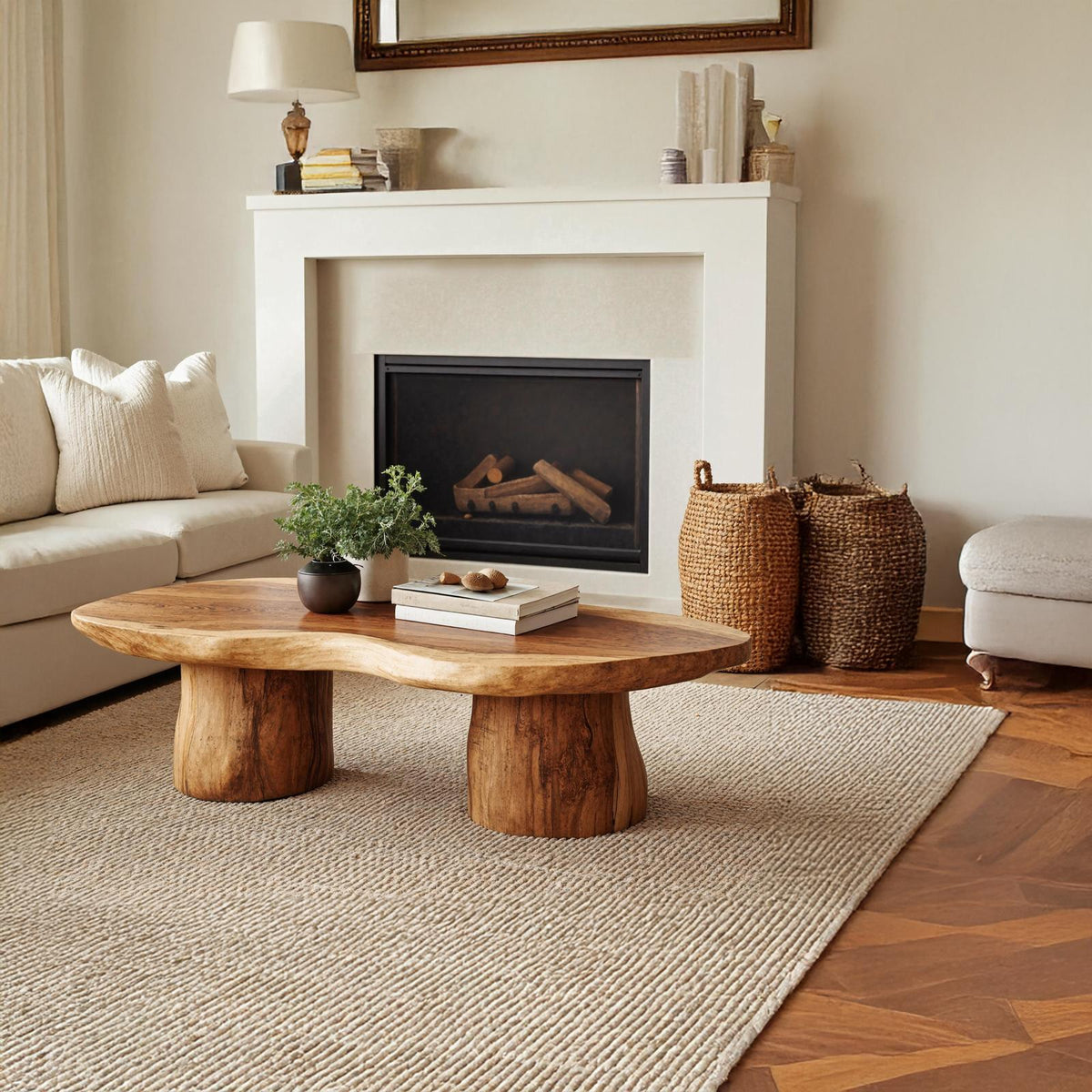 Rustic Farmhouse Wood Coffee Table, Handcrafted Solid Wood Live Edge Center Table for Living Room