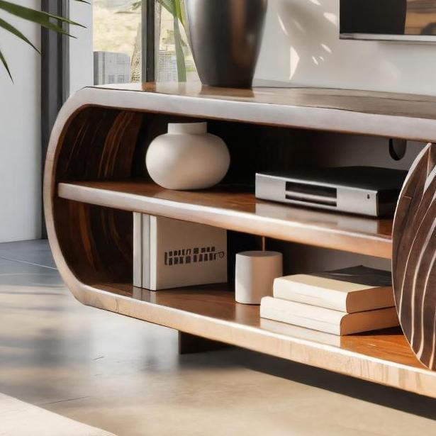Modern Rounded Wood TV Stand With Sculpted Doors For Living Room