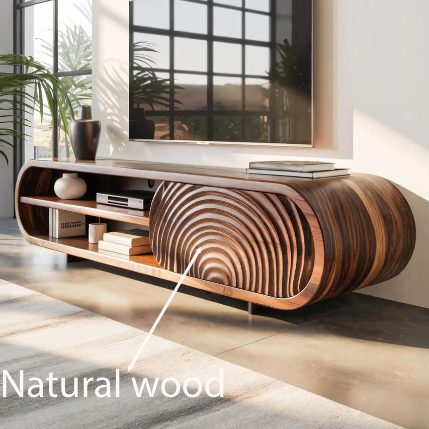 Modern Rounded Wood TV Stand With Sculpted Doors For Living Room