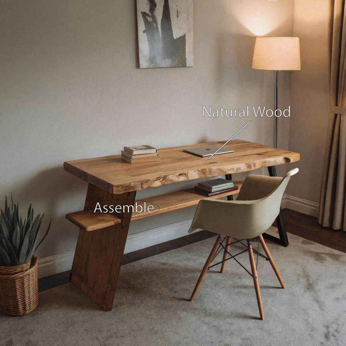 Rustic Wooden Writing Desk with Storage Shelf, Handcrafted Solid Wood Computer Study Table for Home Office