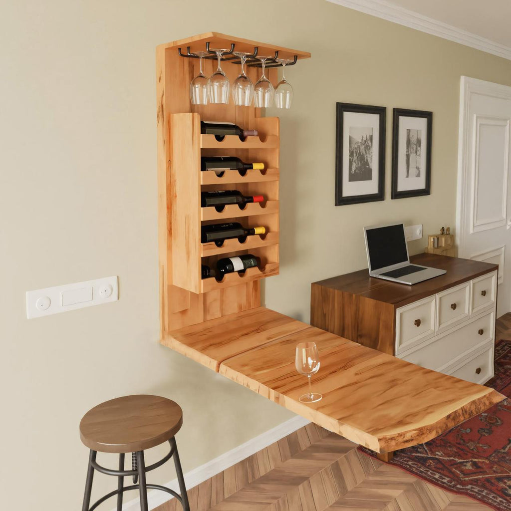 Wall Mounted Wine Rack With Folding Live Edge Table For Kitchen Or Bar