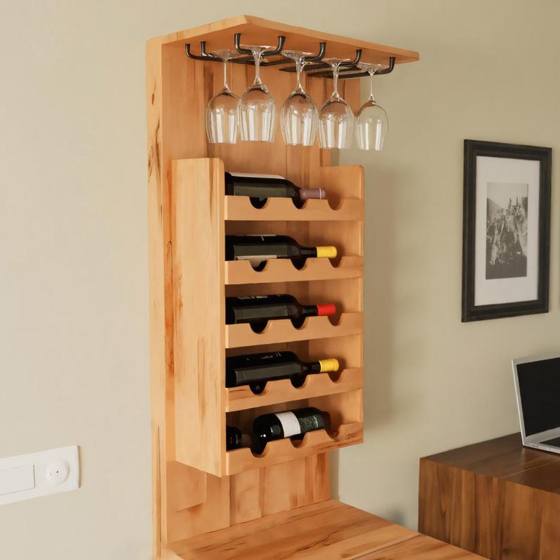 Wall Mounted Wine Rack With Folding Live Edge Table For Kitchen Or Bar