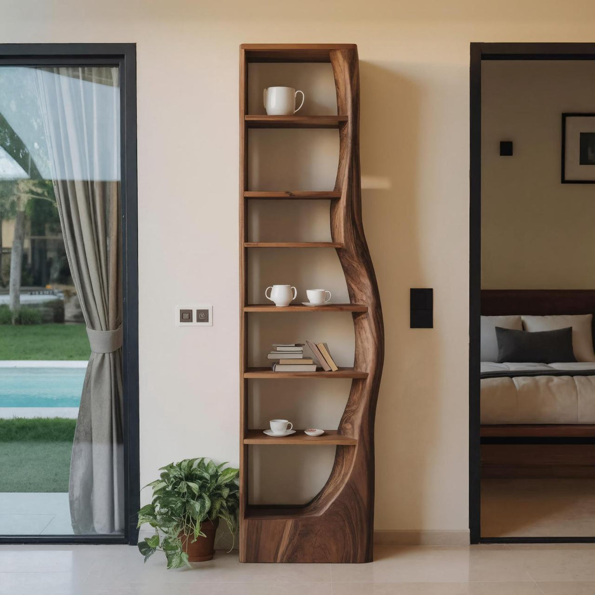 Tall Organic Bookshelf With Curved Design For Living Room Or Bedroom