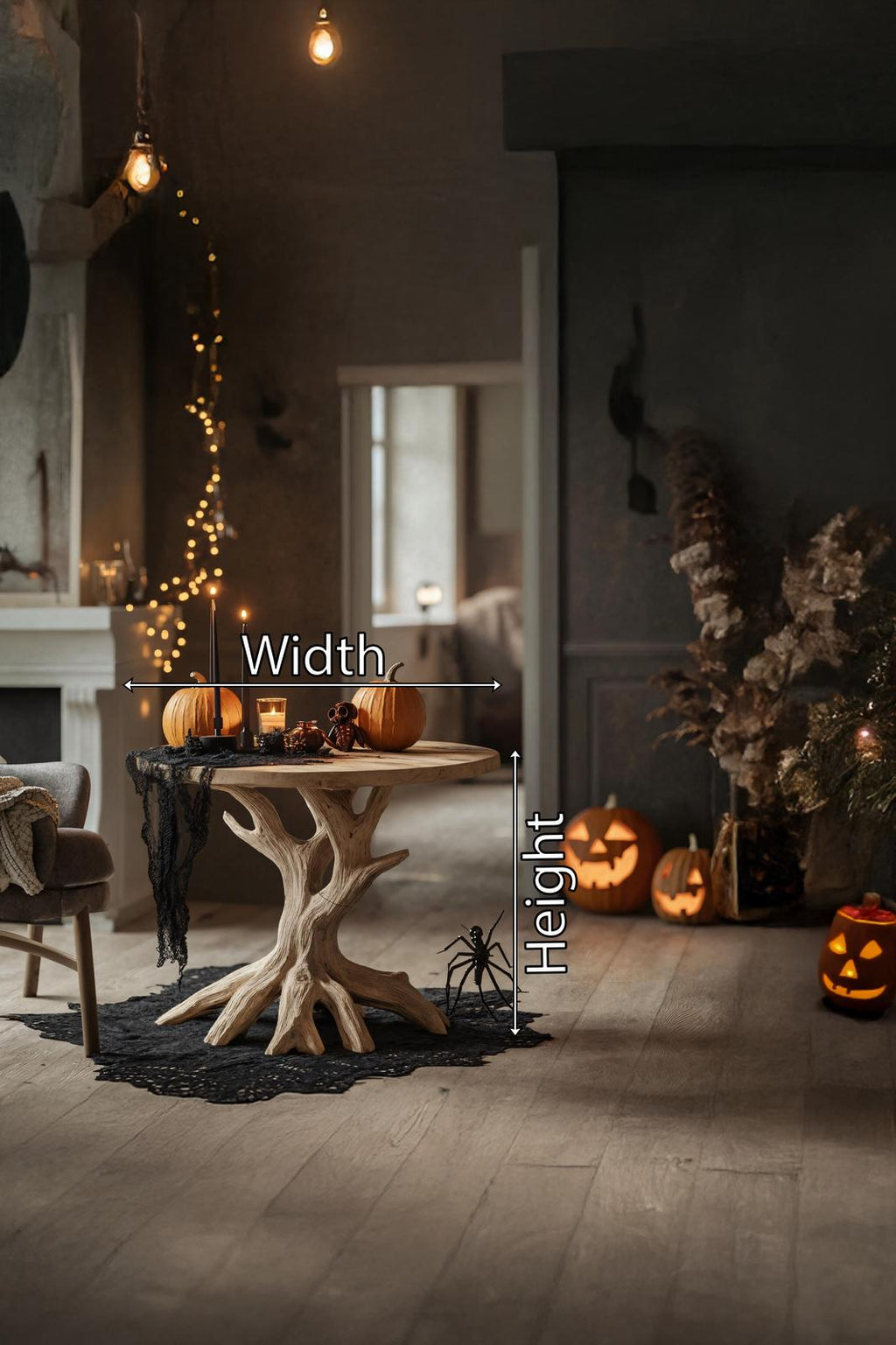 Handcrafted Round End Table, Solid Wood Side Table, Spooky Gothic Pumpkin Design Nightstand for Living Room Decor