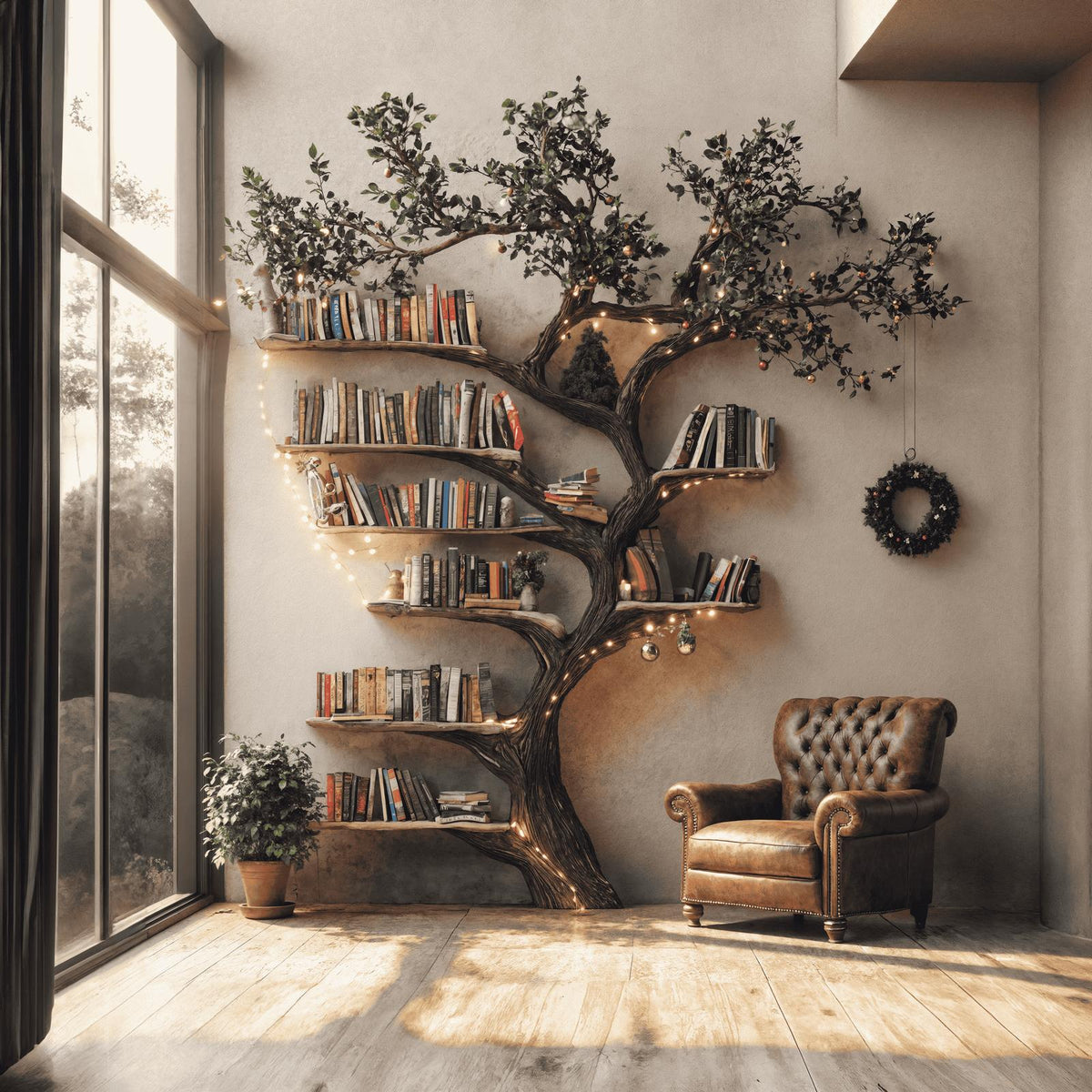 Black Tree Branch Bookshelf Wall Mount Mid Century SINLTB079