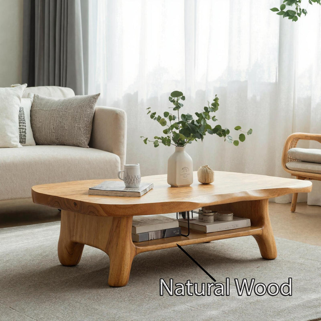 Rustic Solid Wood Coffee Table, Handcrafted Live Edge Center Table for Cozy Living Room Decor