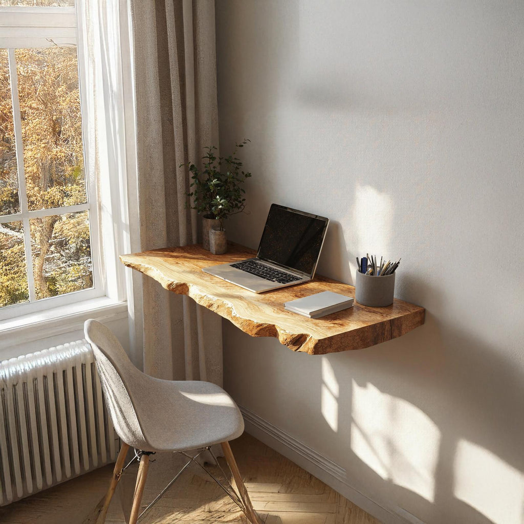 Rustic Solid Wood Floating Table Desk, Wall-Mounted Bedside Vanity and Laptop Console for Bedroom