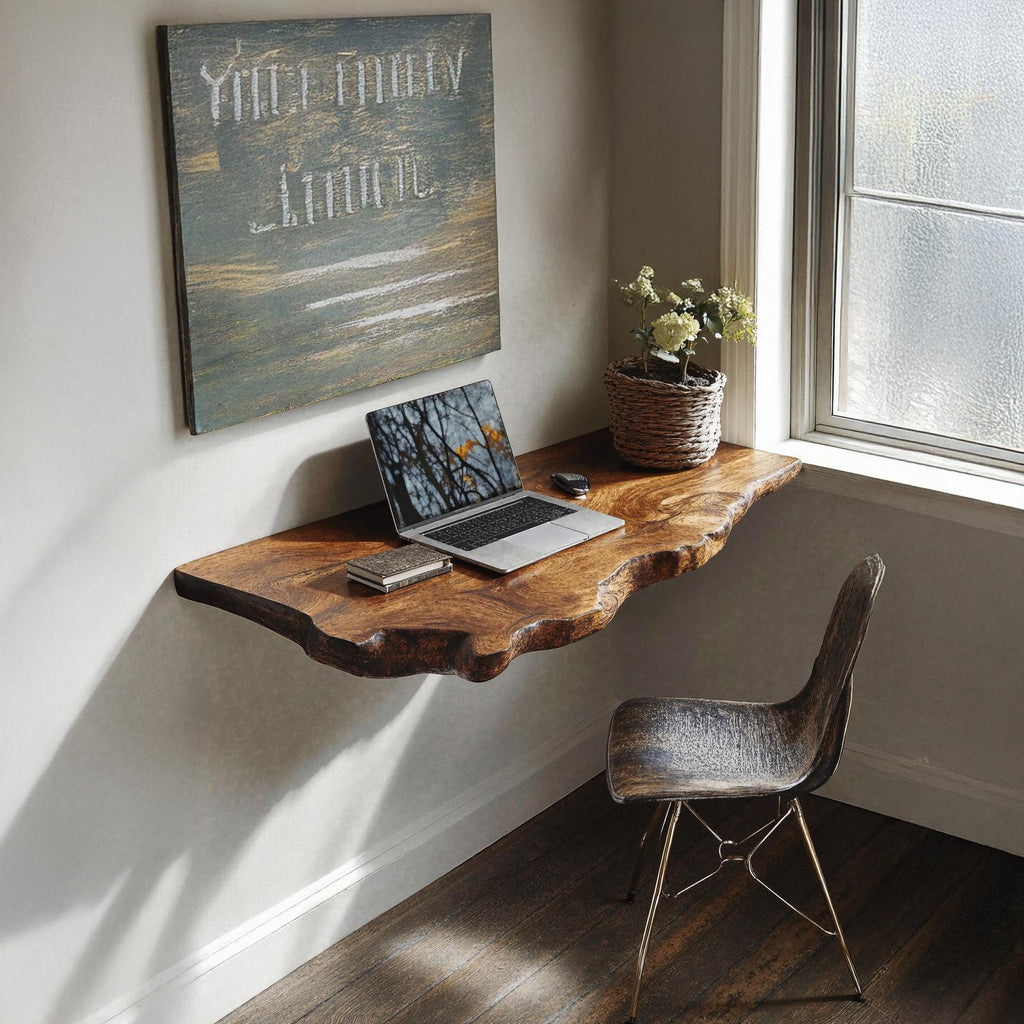 Mid-Century Solid Wood Floating Desk, Retro Wall-Mounted Computer Console Table for Home Office