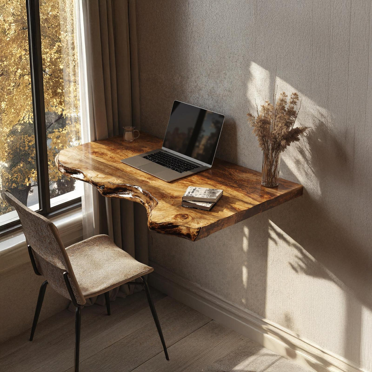 Rustic Solid Wood Floating Table Desk, Wall-Mounted Accent Shelf & Bedside Console for Bedroom
