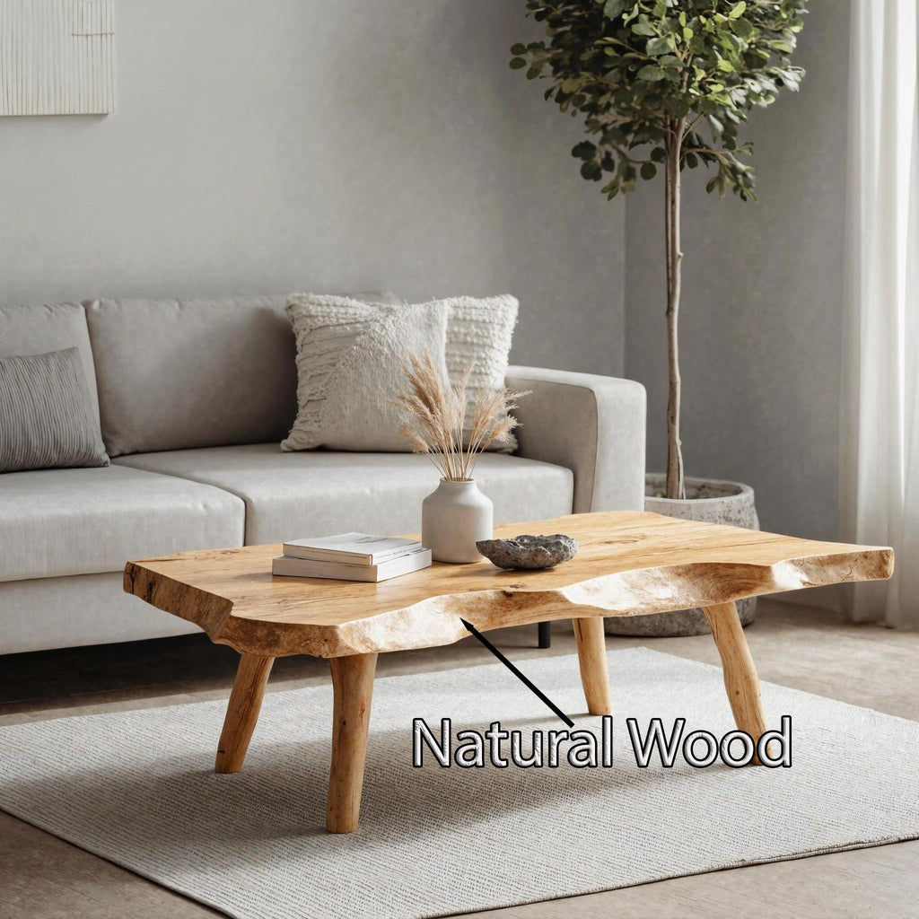 Farmhouse Wooden Coffee Table, Solid Wood Live Edge Central Table for Rustic Living Room Decor