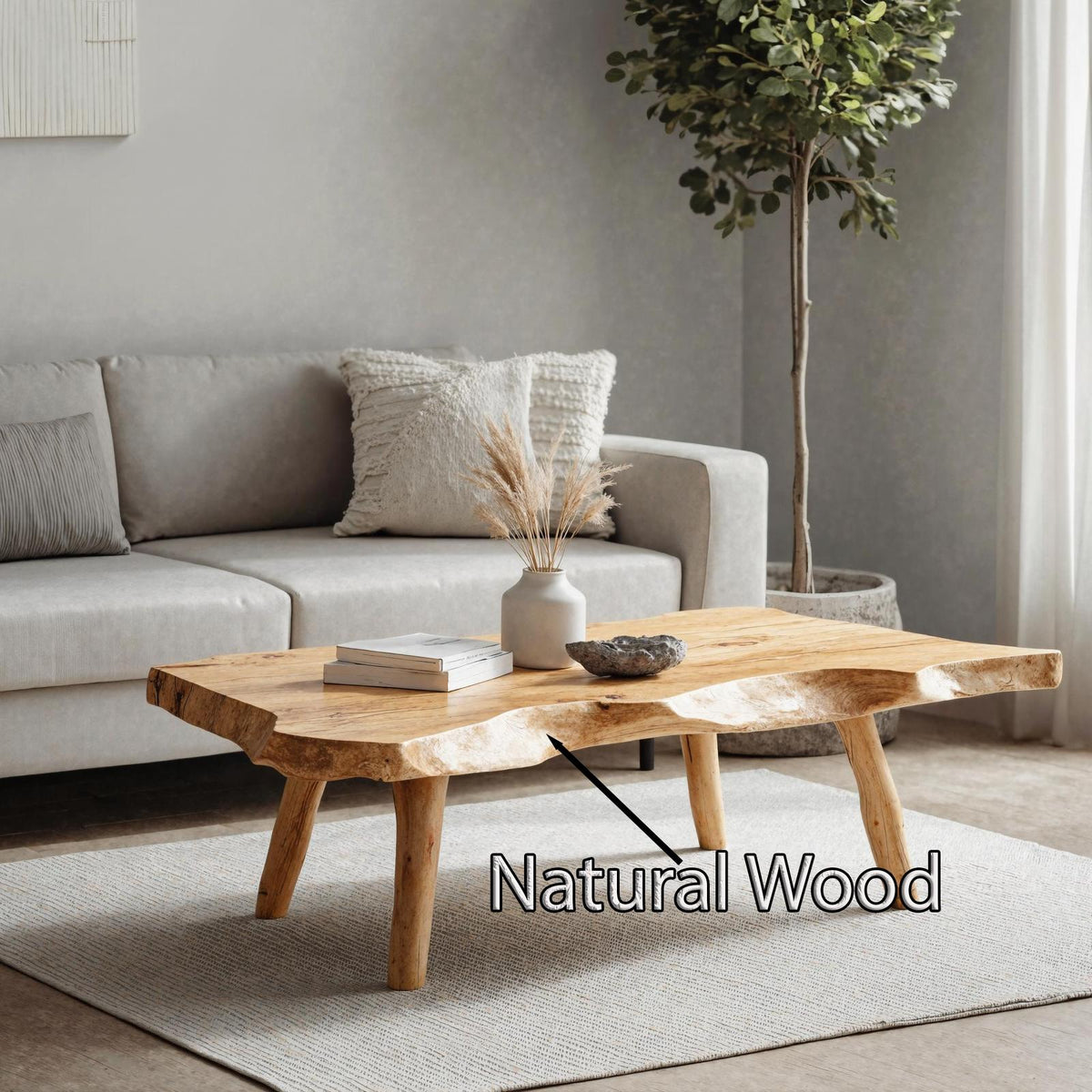 Farmhouse Wooden Coffee Table, Solid Wood Live Edge Central Table for Rustic Living Room Decor