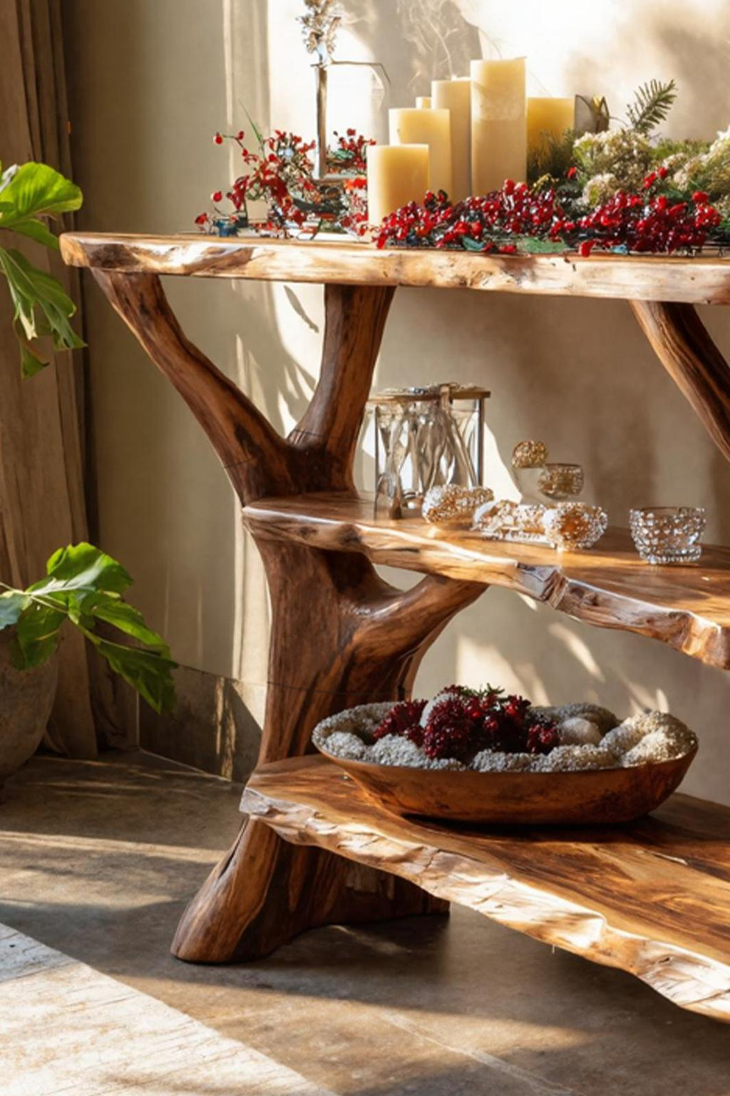 Mid-Century Rustic Live Edge Console Table, Solid Timber Slab Entryway Table, Retro Hallway Sofa Table