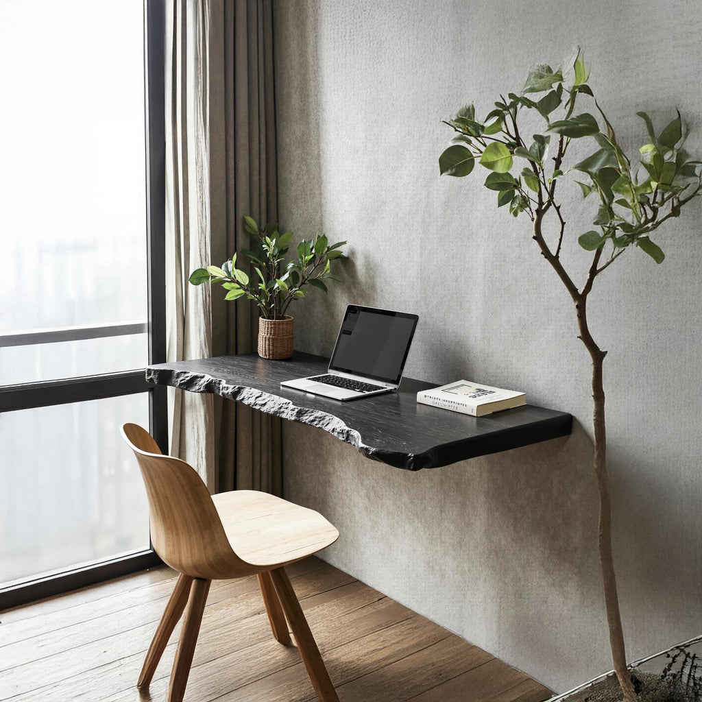 Rustic Solid Wood Floating Desk Table, Wall-Mounted Bedside Vanity Desk for Cozy Bedroom Decor