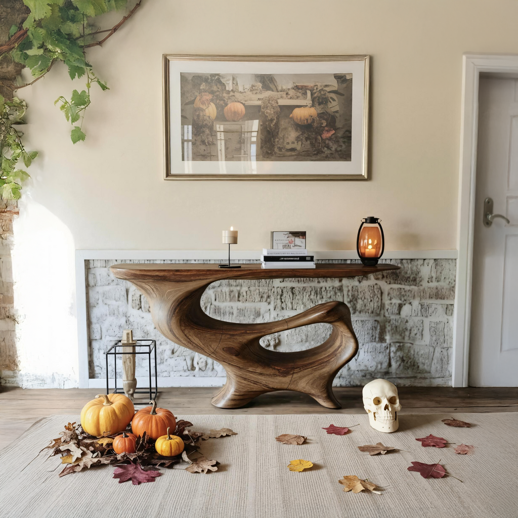 Mid Century Solid Wood Console Table, Live Edge Entryway Foyer Sofa Table, Halloween Holiday Accent Furniture Decor