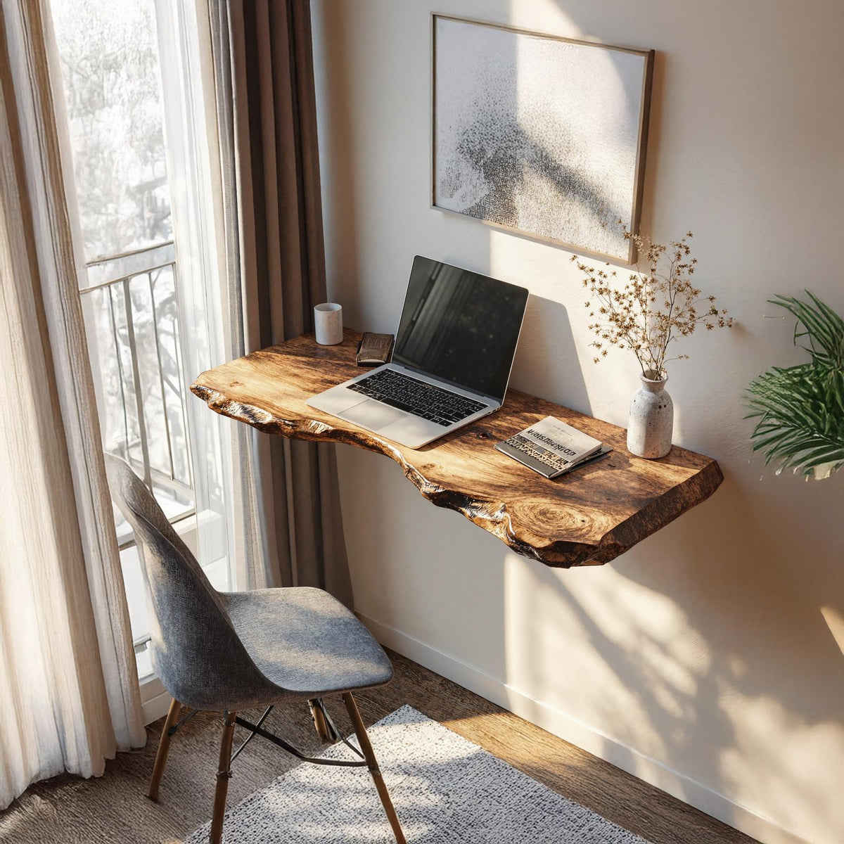 Rustic Wooden Floating Table For Warm Bedroom Atmosphere