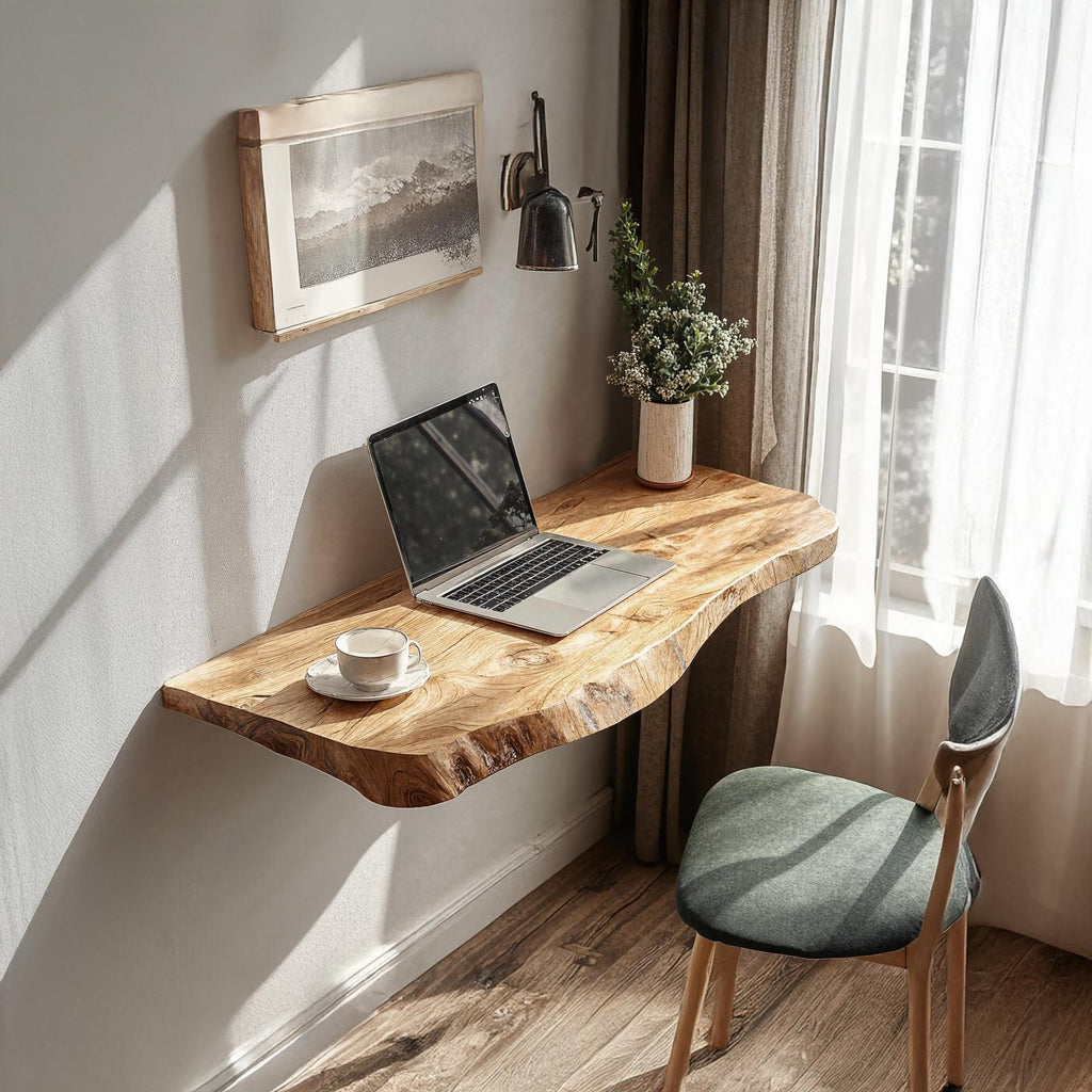 Rustic Solid Wood Floating Vanity Table, Space-Saving Wall-Mounted Console Desk for Bedroom Decor