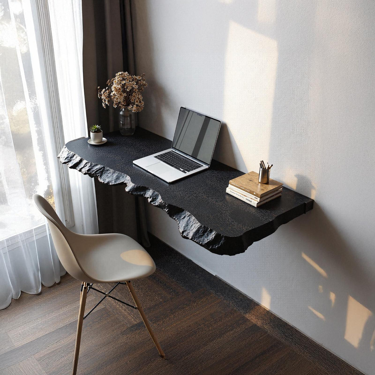 Mid-Century Solid Wood Floating Desk, Modern Wall-Mounted Laptop Console for Space-Saving Home Office