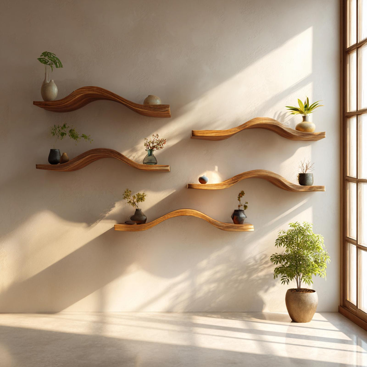 Curved Solid Wood Floating Shelves Organic Modern Living Room Interior