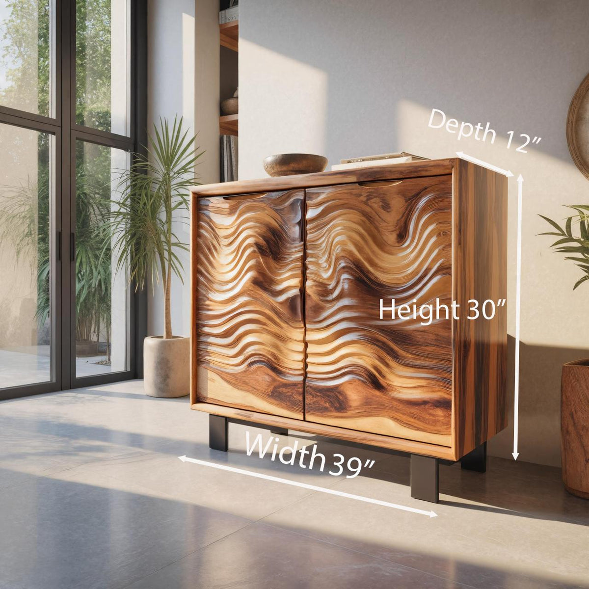 Modern Wavy Front Wooden Cabinet, Artistic Solid Wood Sideboard & Buffet Credenza for Entryway & Living Room