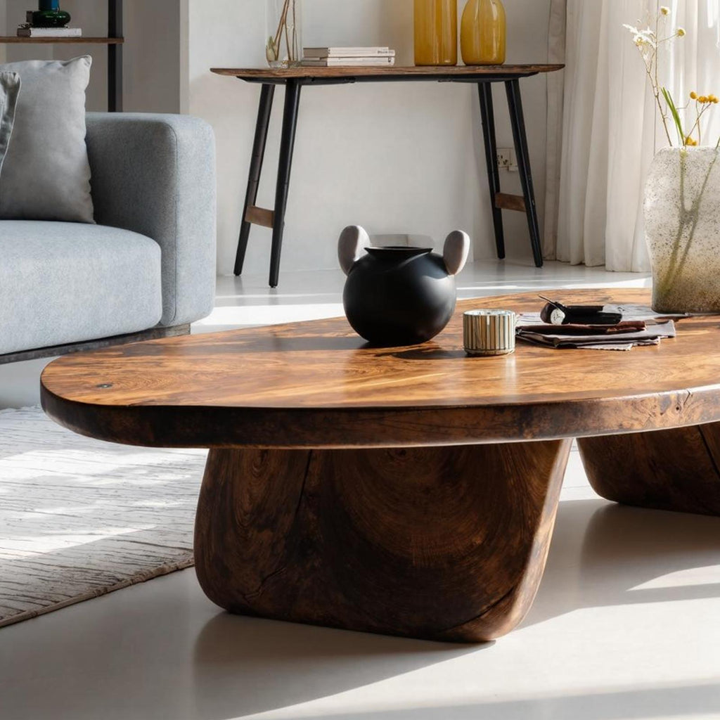 Handcrafted Solid Wood Coffee Table, Rustic Live Edge Low Center Table for Everyday Living Room Use
