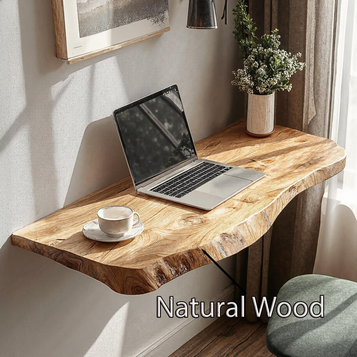 Rustic Solid Wood Floating Vanity Table, Space-Saving Wall-Mounted Console Desk for Bedroom Decor