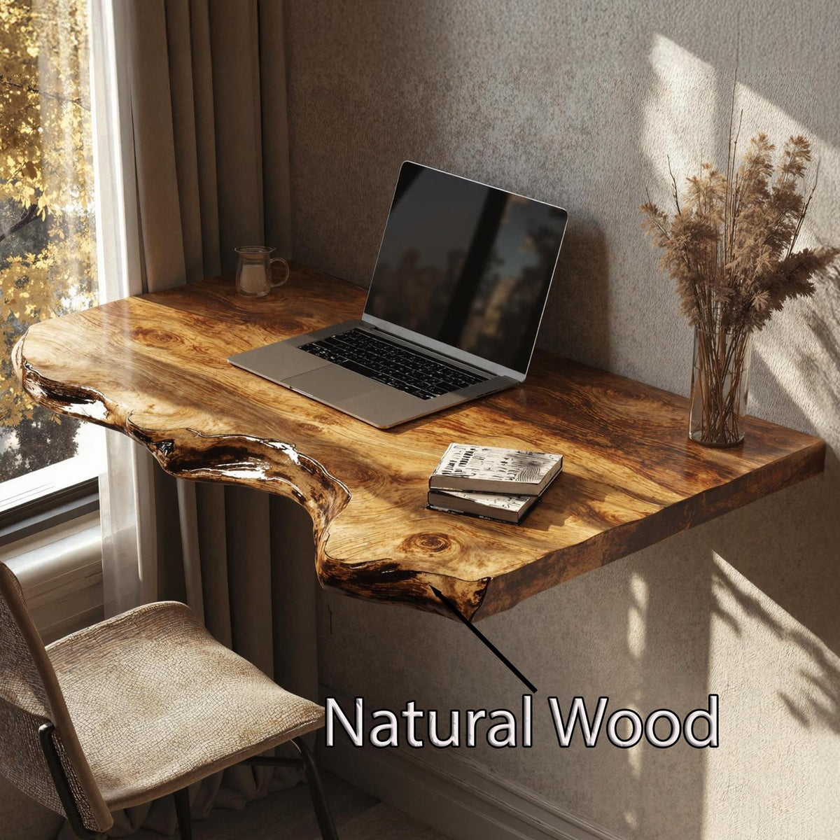 Rustic Solid Wood Floating Table Desk, Wall-Mounted Accent Shelf & Bedside Console for Bedroom
