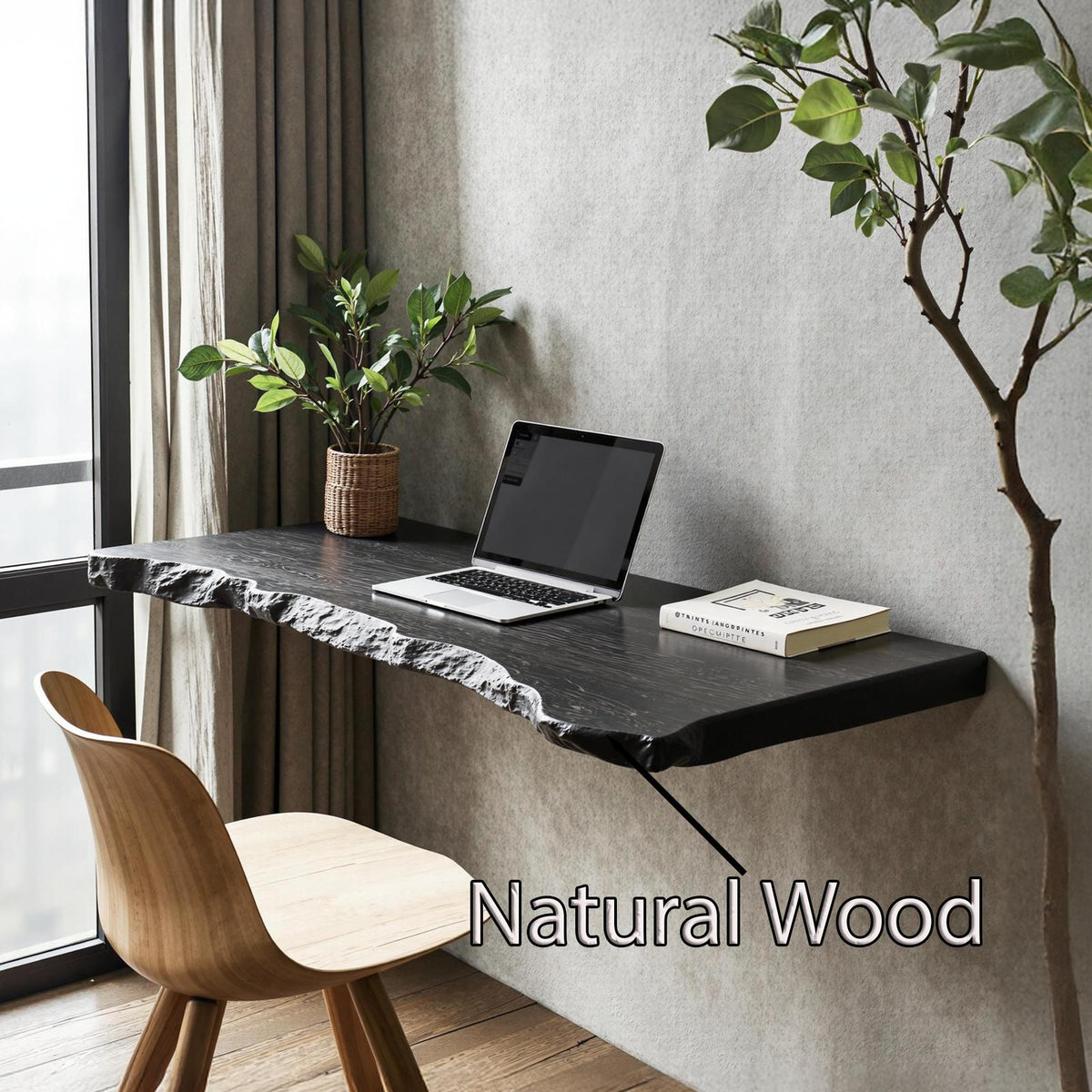 Rustic Solid Wood Floating Desk Table, Wall-Mounted Bedside Vanity Desk for Cozy Bedroom Decor
