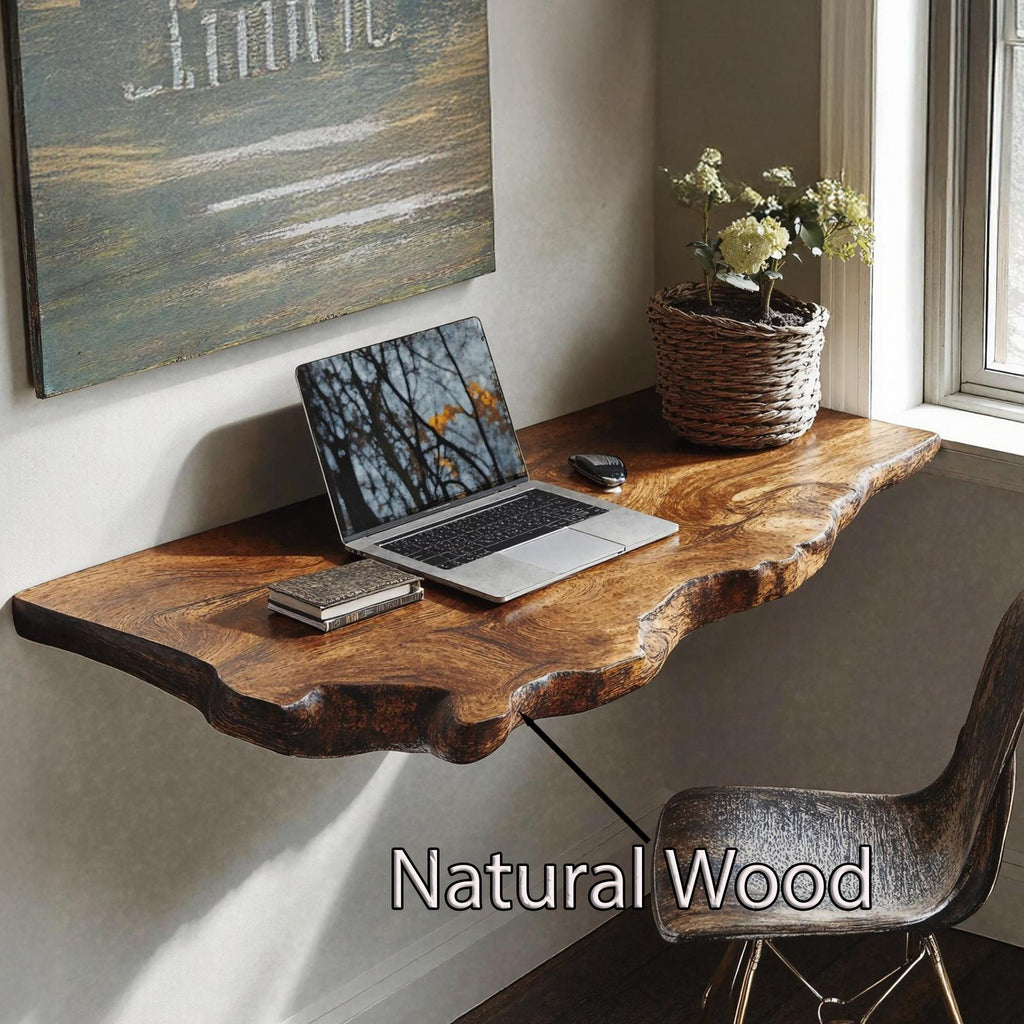 Mid-Century Solid Wood Floating Desk, Retro Wall-Mounted Computer Console Table for Home Office