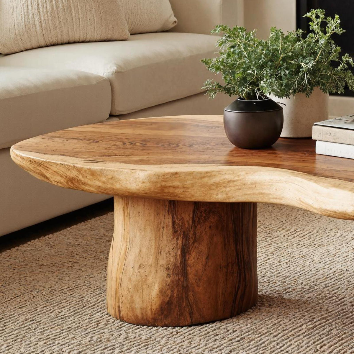 Rustic Farmhouse Wood Coffee Table, Handcrafted Solid Wood Live Edge Center Table for Living Room