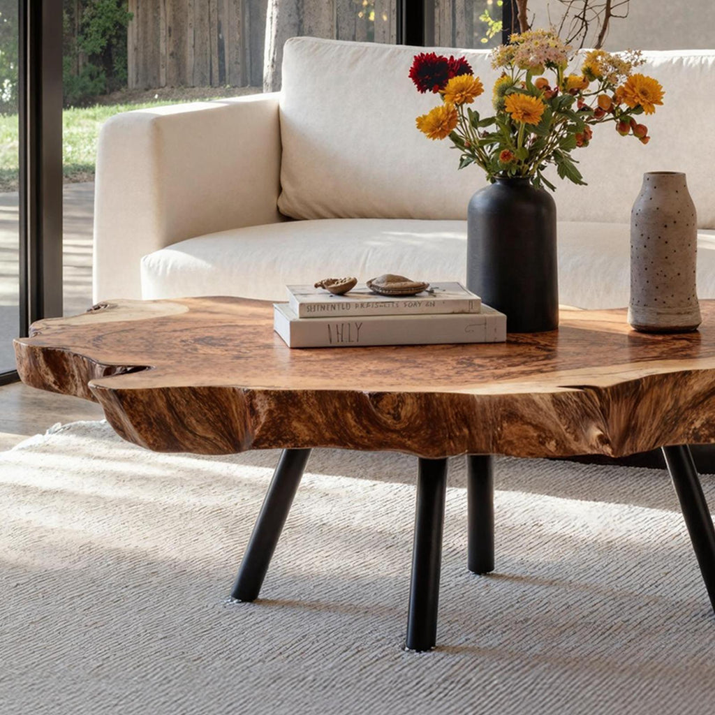 Spry Interior Rustic Solid Wood Coffee Table, Handcrafted Natural Edge Low Center Table for Boho Style Living Rooms, SILDTTRCF008