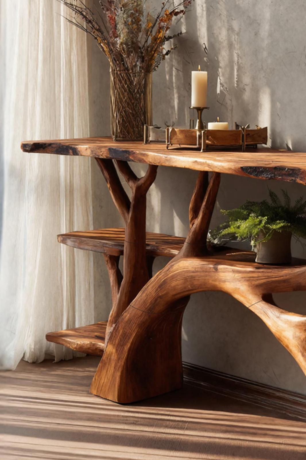 Spry Interior Mid Century Solid Wood Console Table, Live Edge Slab Entryway Accent Table for Modern Living Room, SILDTTNCS056
