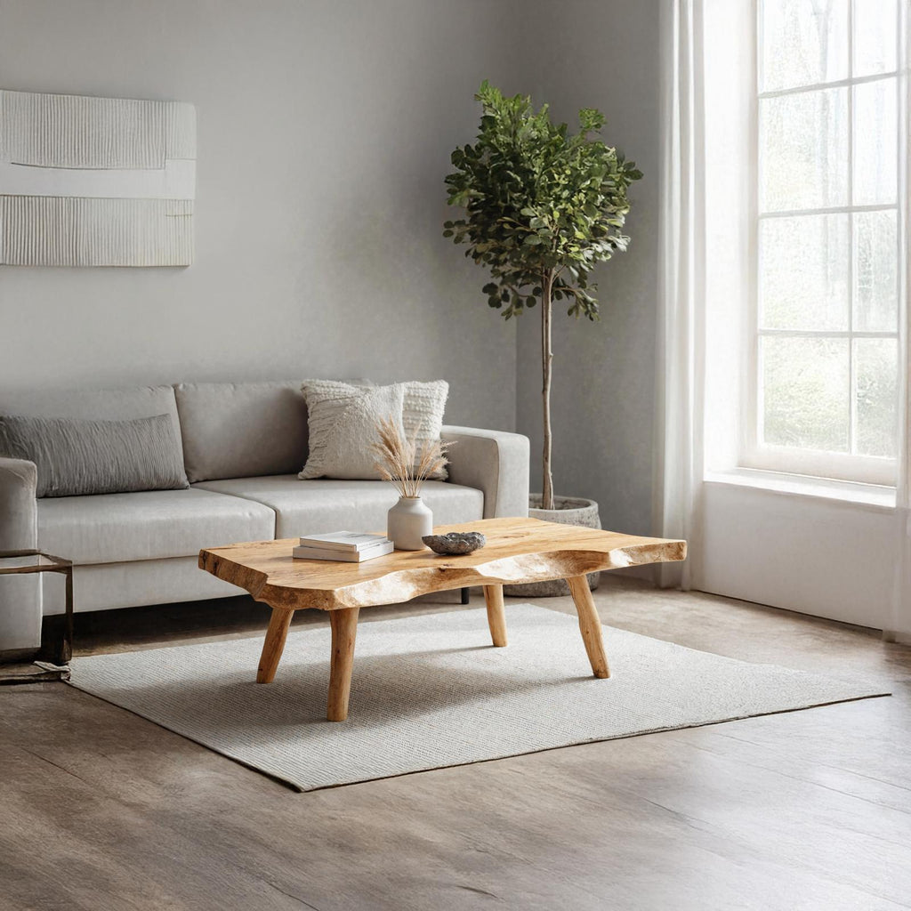 Farmhouse Wooden Coffee Table, Solid Wood Live Edge Central Table for Rustic Living Room Decor