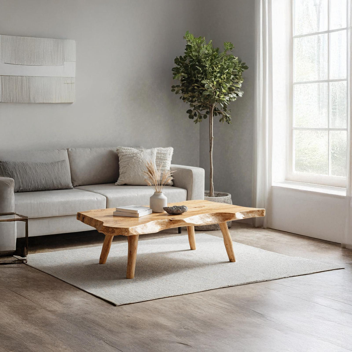 Farmhouse Wooden Coffee Table, Solid Wood Live Edge Central Table for Rustic Living Room Decor