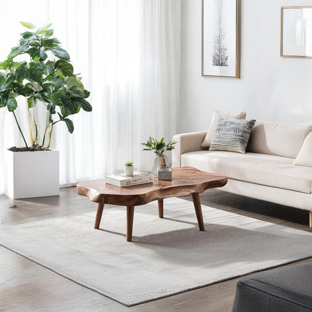Rustic Solid Wood Coffee Table, Handcrafted Live Edge Center Table for Cozy Living Room Decor