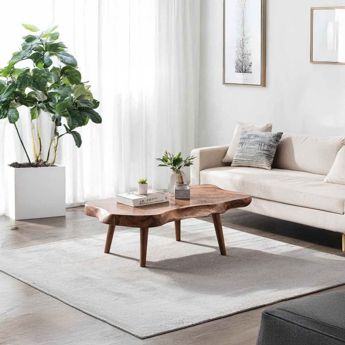 Rustic Solid Wood Coffee Table, Handcrafted Live Edge Center Table for Cozy Living Room Decor