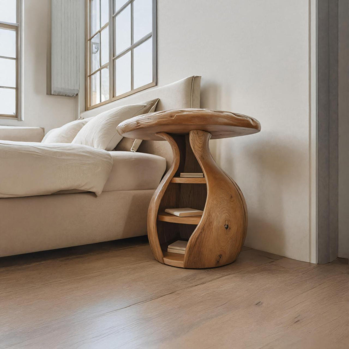 Artistic Wooden Bedside Table, Modern Curved Solid Wood Nightstand with Storage Shelves for Bedroom Decor
