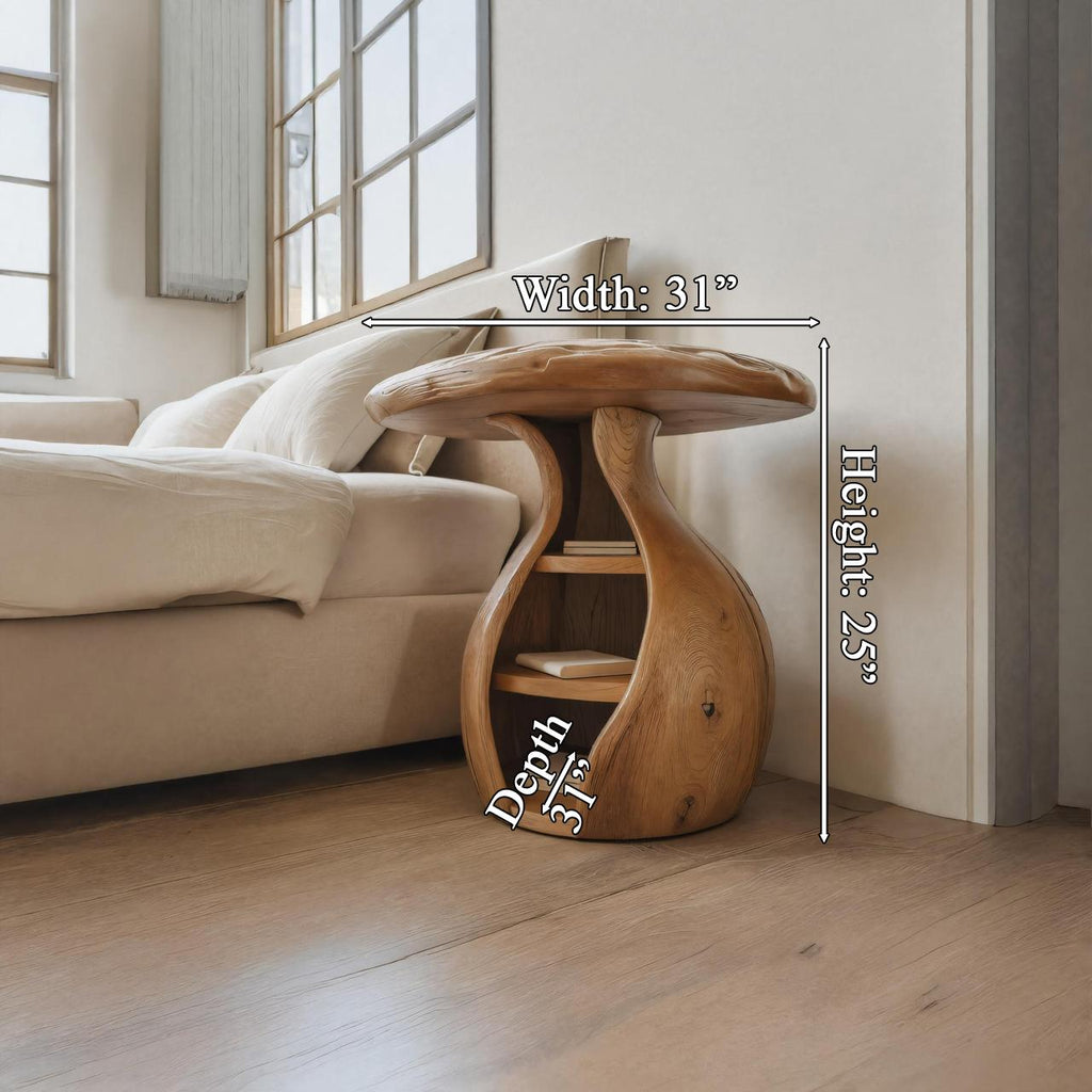 Artistic Wooden Bedside Table, Modern Curved Solid Wood Nightstand with Storage Shelves for Bedroom Decor
