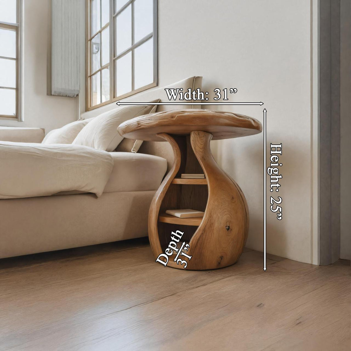 Artistic Wooden Bedside Table, Modern Curved Solid Wood Nightstand with Storage Shelves for Bedroom Decor