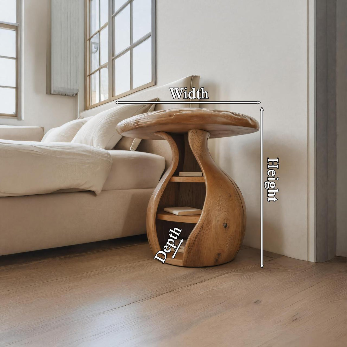 Artistic Wooden Bedside Table, Modern Curved Solid Wood Nightstand with Storage Shelves for Bedroom Decor