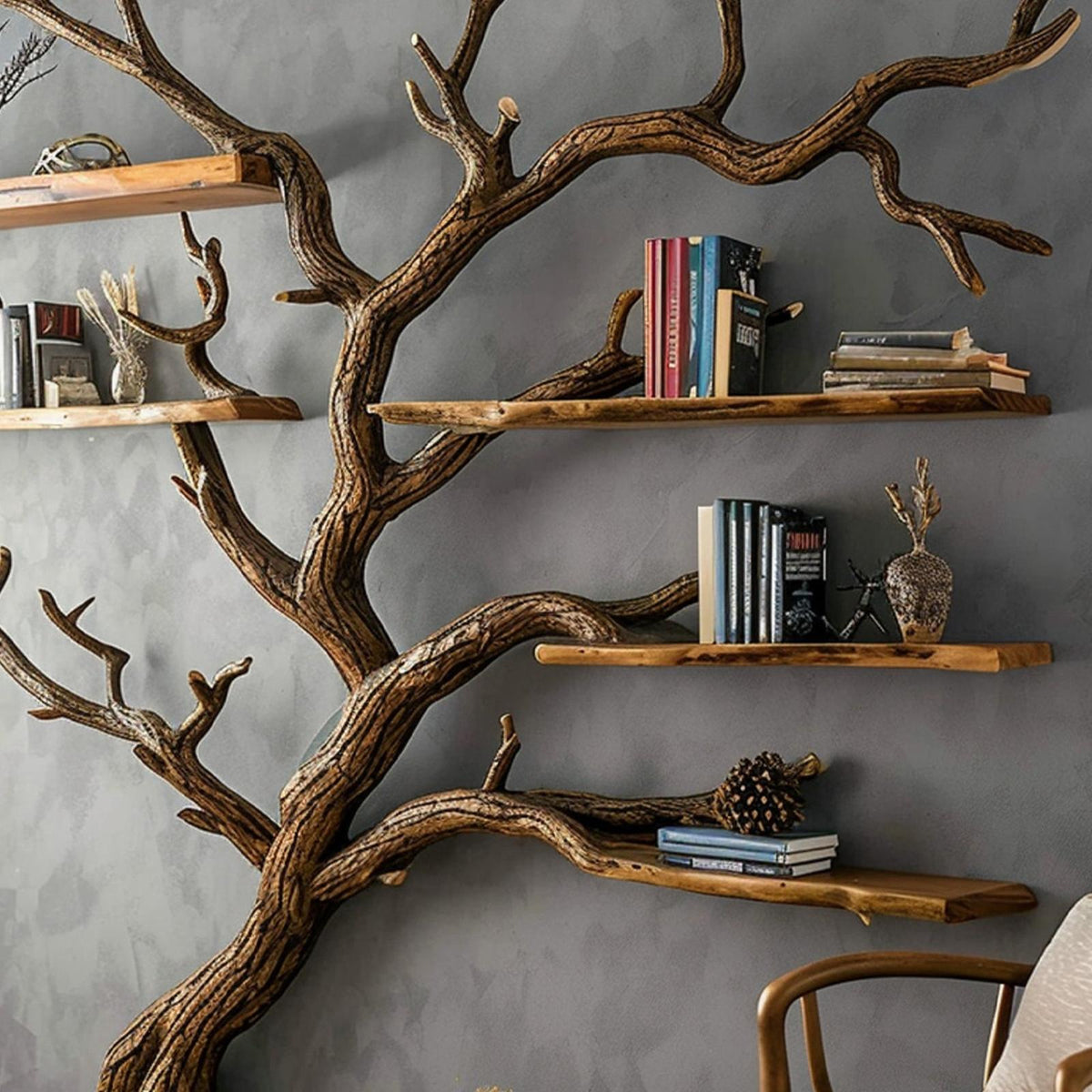 Tree Bookshelf Black Decor Wild Mulberry Solid Wood Carving Living Room Gift Her