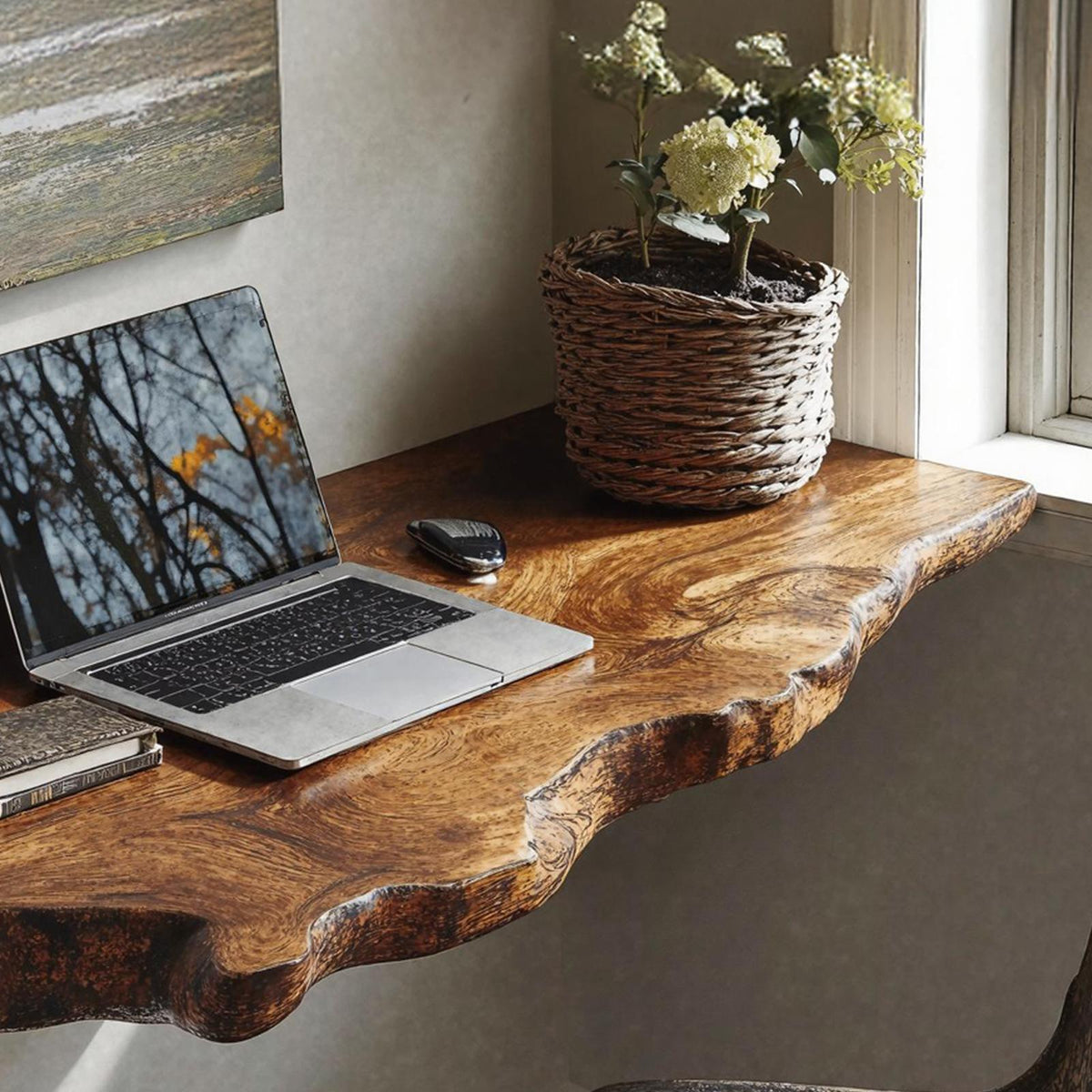 Mid-Century Solid Wood Floating Desk, Retro Wall-Mounted Computer Console Table for Home Office
