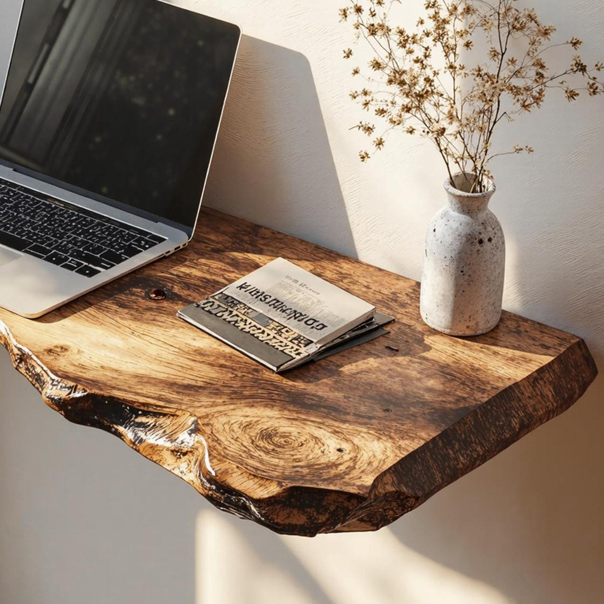 Rustic Wooden Floating Table For Warm Bedroom Atmosphere