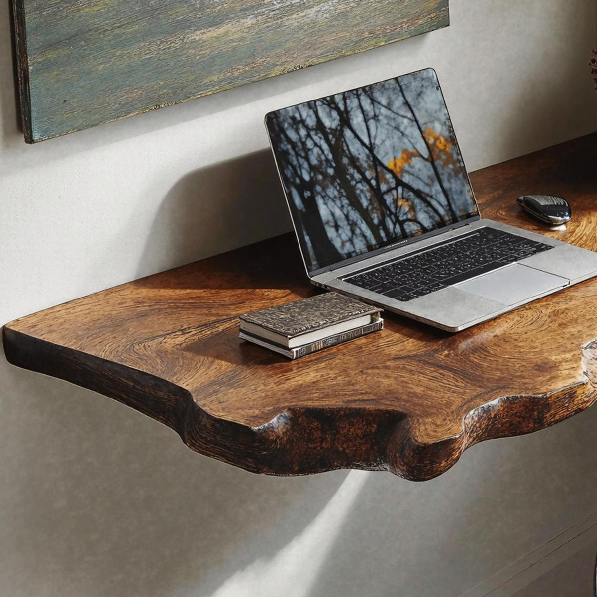 Mid-Century Solid Wood Floating Desk, Retro Wall-Mounted Computer Console Table for Home Office