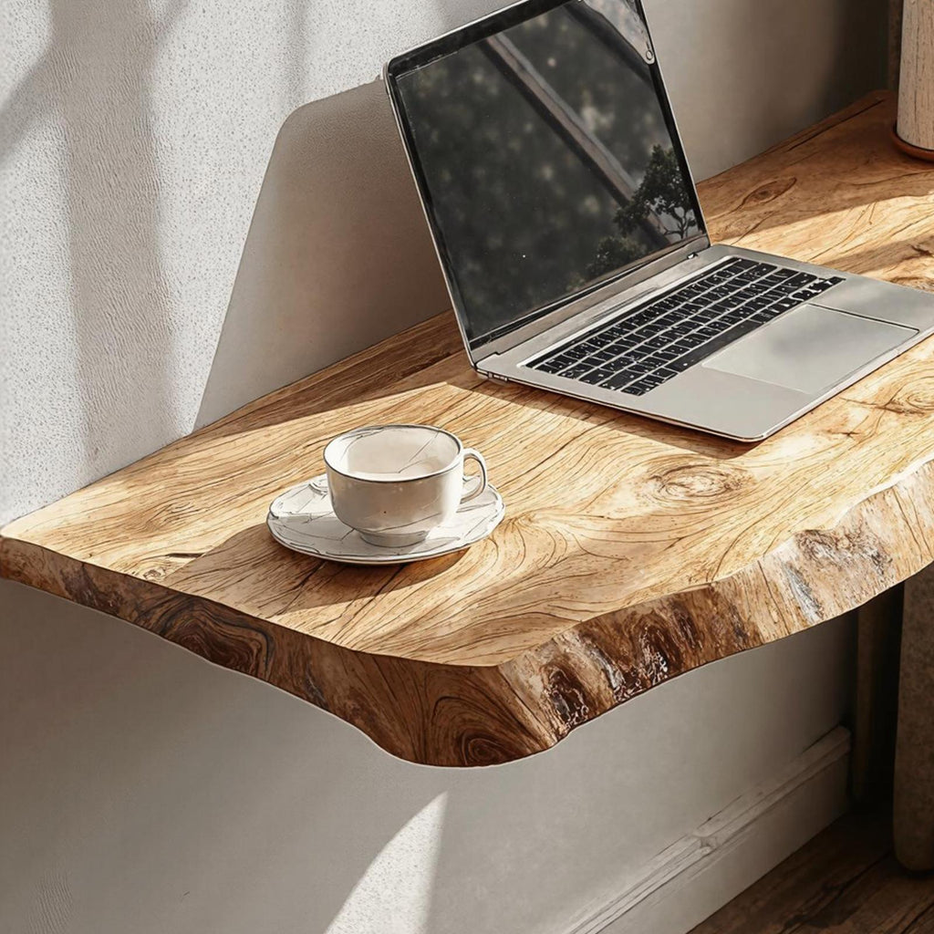 Rustic Solid Wood Floating Vanity Table, Space-Saving Wall-Mounted Console Desk for Bedroom Decor