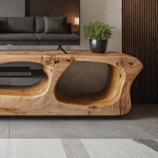 Modern Sculpted Solid Wood TV Stand, Organic Openings Media Console Cabinet, Artistic Entertainment Center