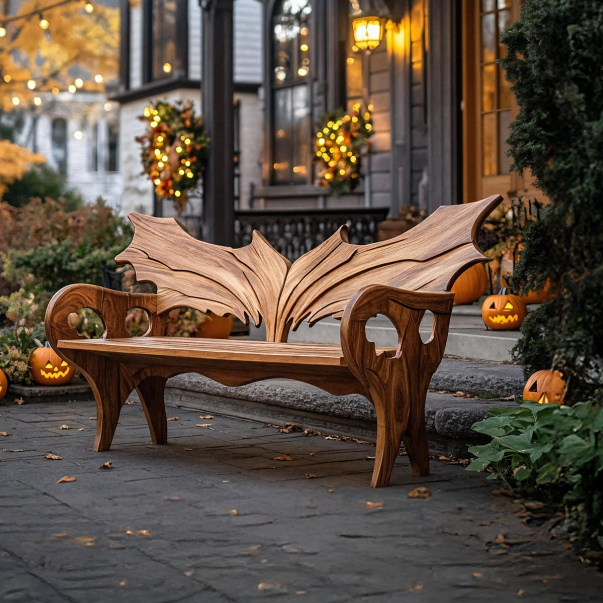 Spry Interior Farmhouse Solid Wood Halloween Bench, Festive Spooky Outdoor Garden Patio Bench, Gothic Carved Porch Seat Furniture, SILDTTNHOB017