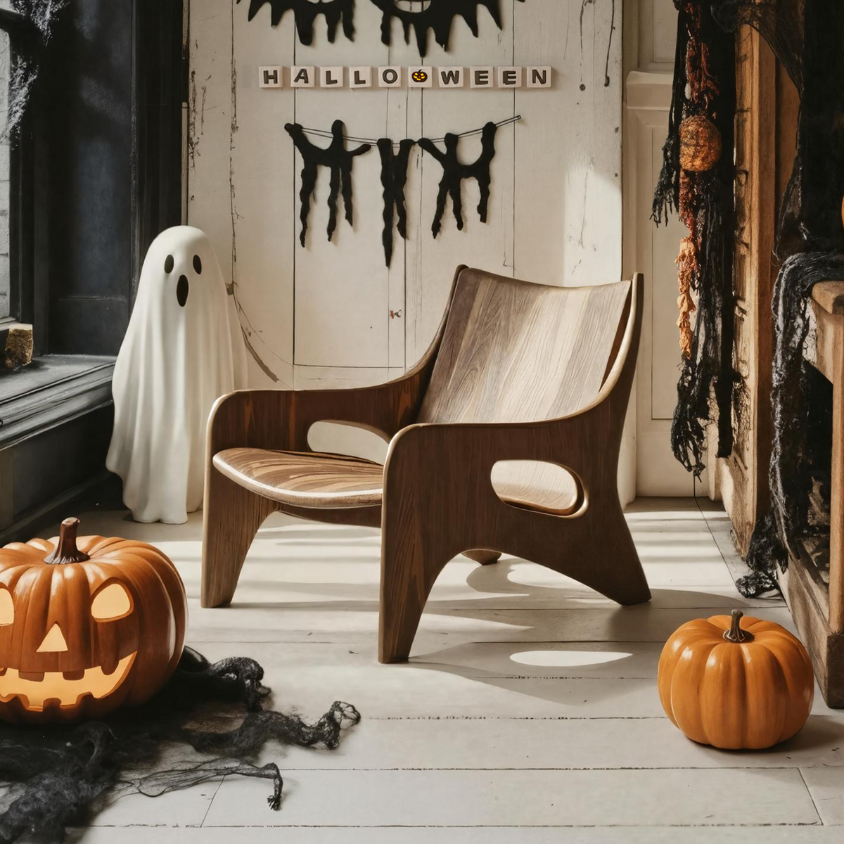 Farmhouse Solid Wood Accent Chair, Handcrafted Indoor Outdoor Lounge Armchair, Halloween Holiday Patio Furniture Decor